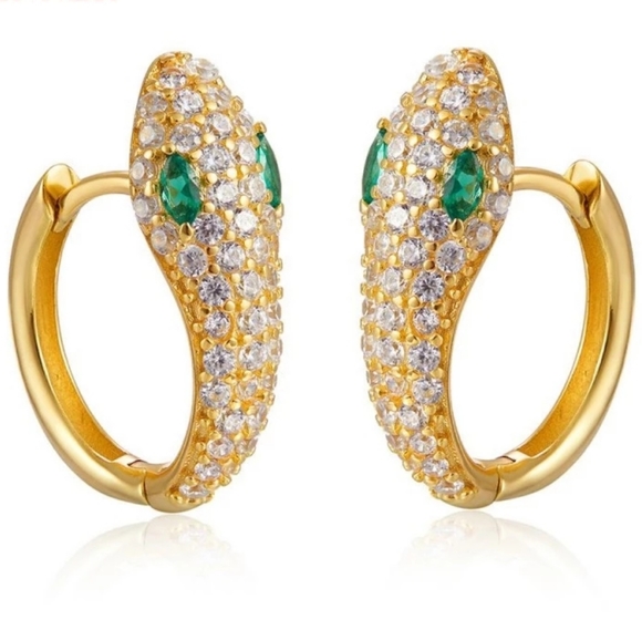 🐍Serpent Snake Hoop Stacking 925 Sterling Silver Yellow Gold Green Zircon Pave - Picture 8 of 16